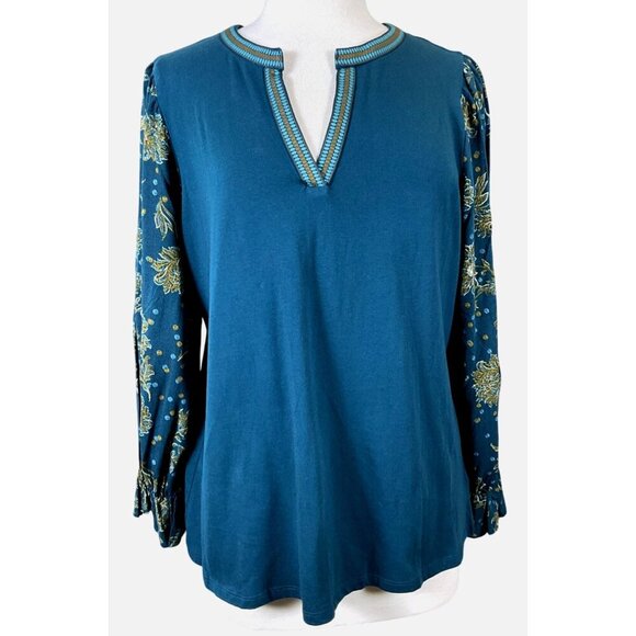 The Pioneer Woman XL Blue Floral Sleeve Split Neck Blouse Ribbon Trim NWT XL - Picture 1 of 11
